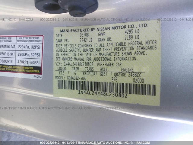 1N4AL24E48C230802 - 2008 NISSAN ALTIMA 2.5S SILVER photo 9