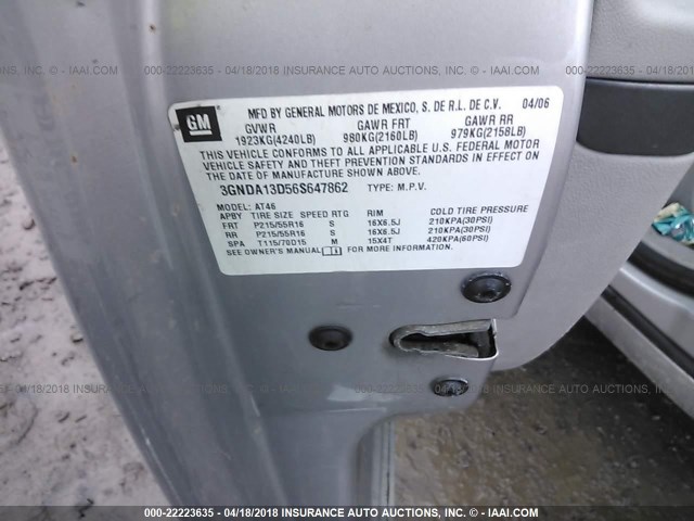 3GNDA13D56S647862 - 2006 CHEVROLET HHR LS SILVER photo 9