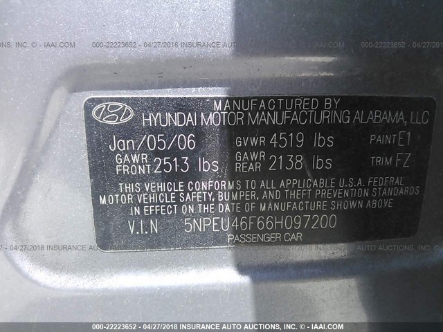 5NPEU46F66H097200 - 2006 HYUNDAI SONATA GLS/LX SILVER photo 9