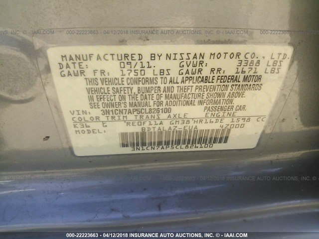 3N1CN7AP5CL826100 - 2012 NISSAN VERSA S/SV/SL GRAY photo 9