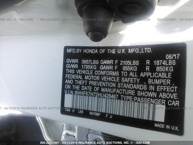 SHHFK7H72HU428467 - 2017 HONDA CIVIC EXL თეთრი ფოტო 9