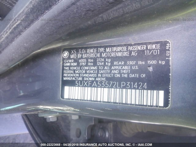 5UXFA53572LP31424 - 2002 BMW X5 3.0I GRAY photo 9