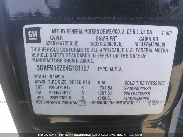 3GKFK16Z84G181757 - 2004 GMC YUKON XL K1500 BLACK photo 9