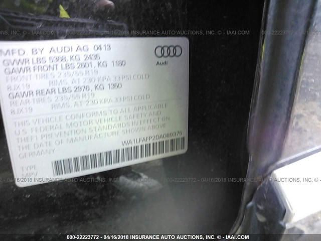 WA1LFAFP2DA089375 - 2013 AUDI Q5 PREMIUM PLUS BLACK photo 9