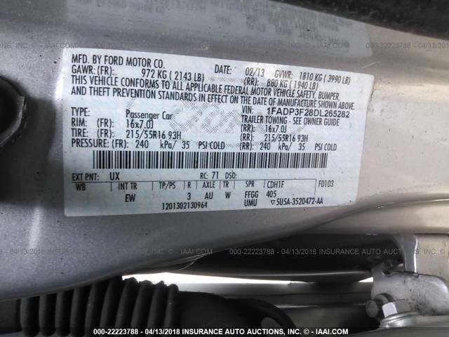 1FADP3F28DL265282 - 2013 FORD FOCUS SE SILVER photo 9