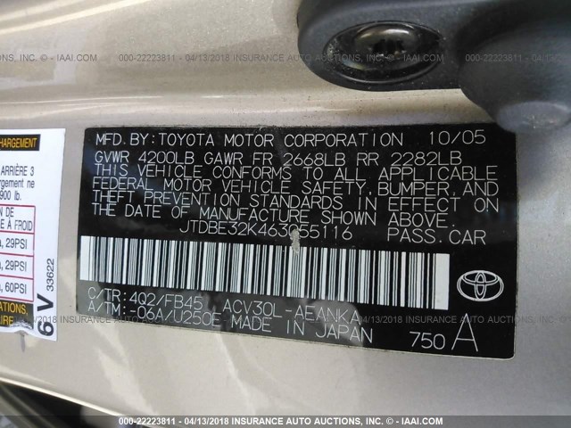 JTDBE32K463055116 - 2006 TOYOTA CAMRY LE/XLE GOLD photo 9