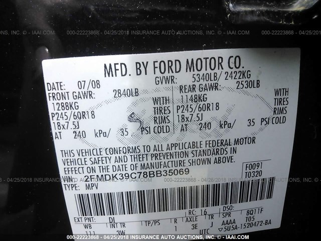 2FMDK39C78BB35069 - 2008 FORD EDGE LIMITED Dark Blue photo 9