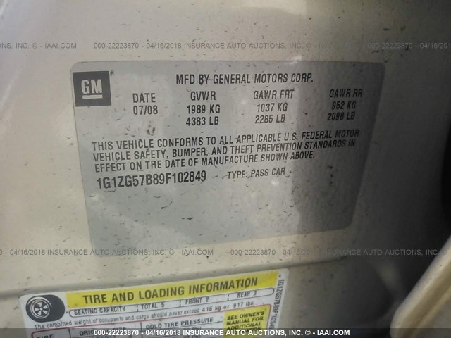 1G1ZG57B89F102849 - 2009 CHEVROLET MALIBU LS 金色 照片 9