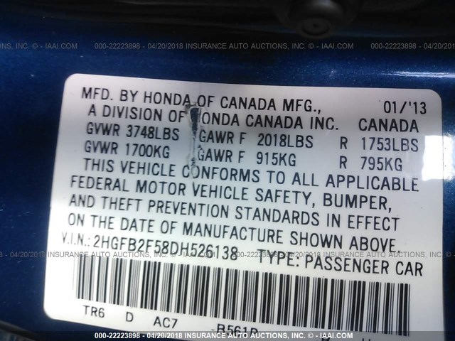 2HGFB2F58DH526138 - 2013 HONDA CIVIC LX ლურჯი ფოტო 9