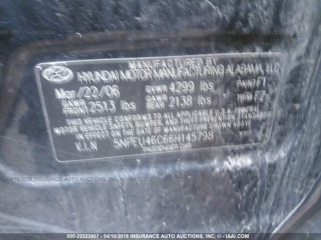 5NPEU46C66H145798 - 2006 HYUNDAI SONATA GLS/LX BLACK photo 9