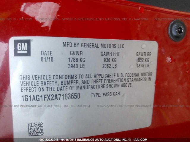 1G1AG1FX2A7163650 - 2010 CHEVROLET COBALT SS RED photo 9