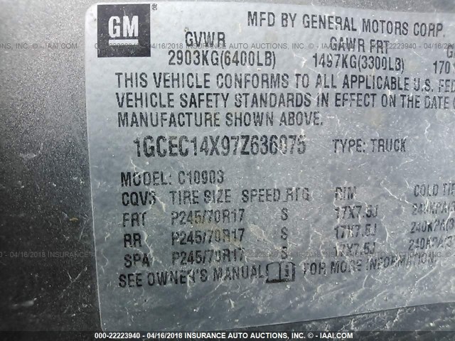 1GCEC14X97Z636075 - 2007 CHEVROLET SILVERADO C1500 CLASSIC GRAY photo 9