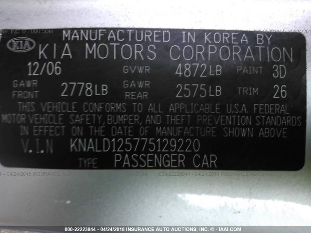 KNALD125775129220 - 2007 KIA AMANTI SILVER photo 9