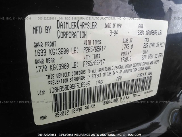 1D8HB58D05F518505 - 2005 DODGE DURANGO LIMITED BLACK photo 9