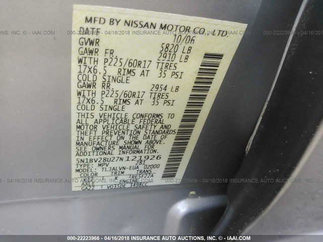 5N1BV28U27N121926 - 2007 NISSAN QUEST S/SE/SL SILVER photo 9