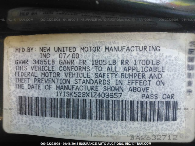 1Y1SK528X1Z409957 - 2001 CHEVROLET GEO PRIZM LSI 绿色 照片 9