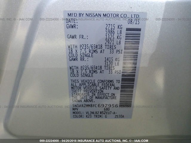 5N1AR2MM8FC697956 - 2015 NISSAN PATHFINDER S/SV/SL/PLATINUM 银色 照片 9