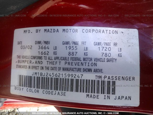 JM1BJ245621599247 - 2002 MAZDA PROTEGE PR5 红色 照片 9