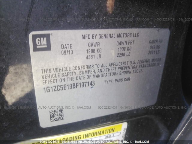 1G1ZC5E19BF197143 - 2011 CHEVROLET MALIBU 1LT 黑色 照片 9