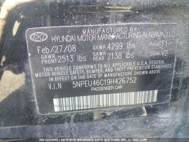 5NPEU46C19H426752 - 2009 HYUNDAI SONATA SE/LIMITED BLACK photo 9