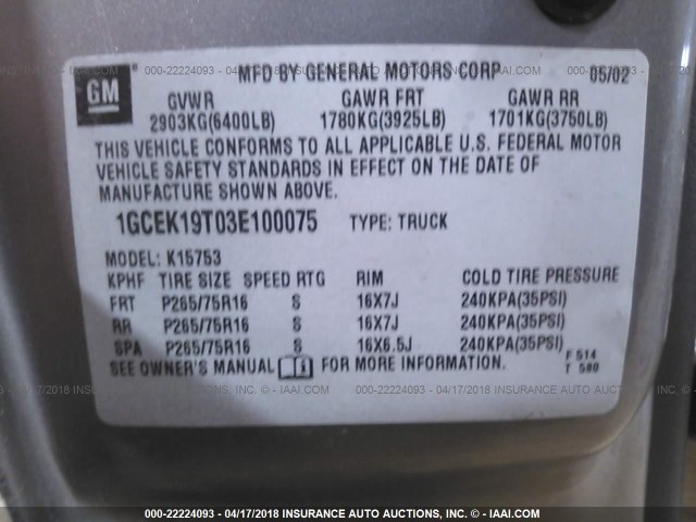 1GCEK19T03E100075 - 2003 CHEVROLET SILVERADO K1500 SILVER photo 9