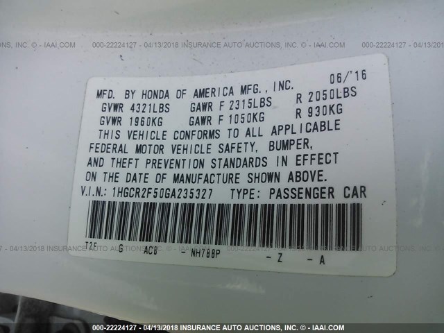 1HGCR2F50GA235327 - 2016 HONDA ACCORD SPORT 白色 照片 9