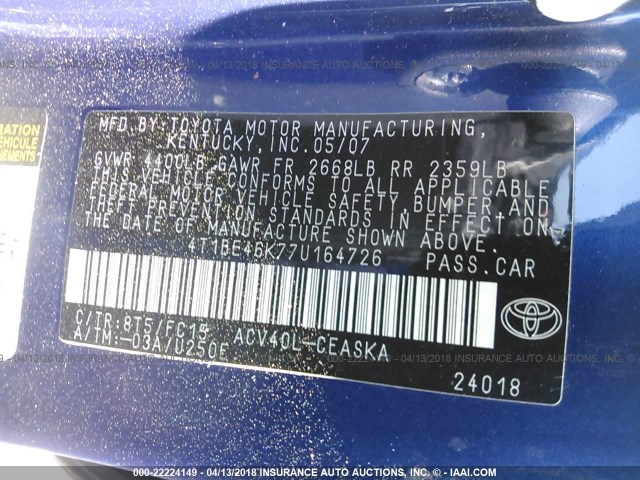 4T1BE46K77U164726 - 2007 TOYOTA CAMRY NEW GENERAT CE/LE/XLE/SE BLUE photo 9