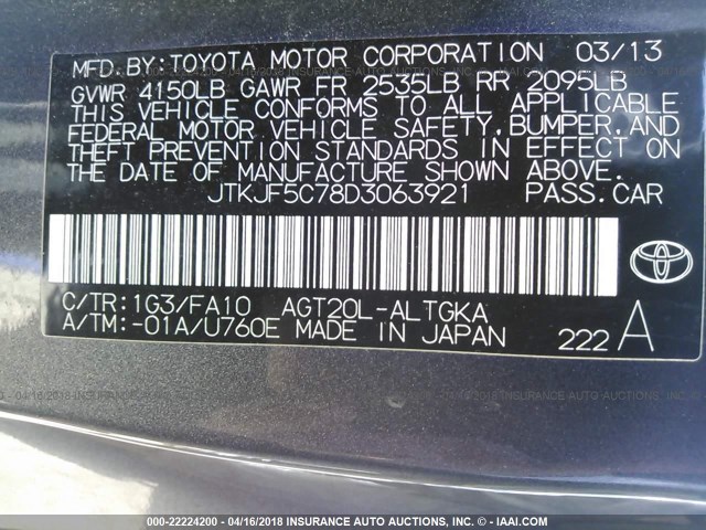 JTKJF5C78D3063921 - 2013 TOYOTA SCION TC 灰色 照片 9