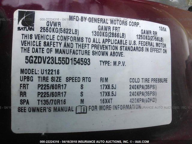 5GZDV23L55D154593 - 2005 SATURN RELAY 3 BURGUNDY photo 9