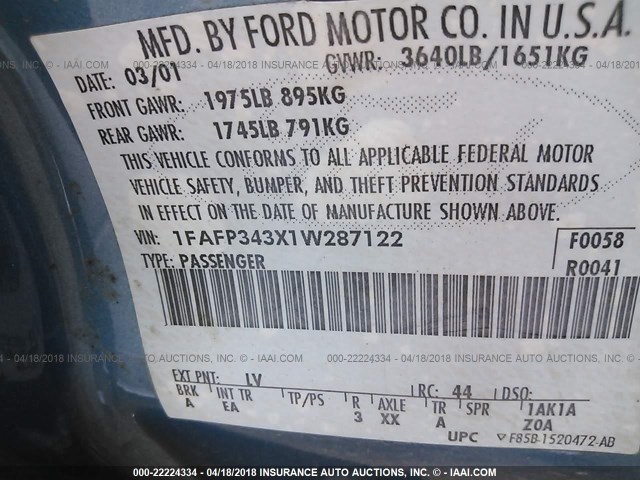 1FAFP343X1W287122 - 2001 FORD FOCUS SE/SE SPORT BLUE photo 9