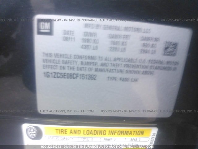 1G1ZC5E08CF151392 - 2012 CHEVROLET MALIBU 1LT BLACK photo 9