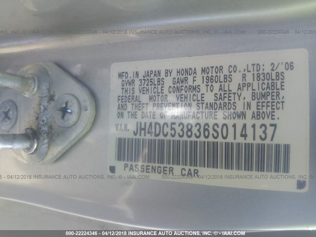 JH4DC53836S014137 - 2006 ACURA RSX SILVER photo 9