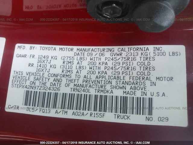 5TEPX42N97Z324326 - 2007 TOYOTA TACOMA RED photo 9