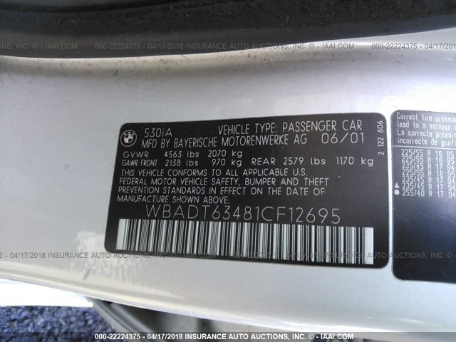 WBADT63481CF12695 - 2001 BMW 530 I AUTOMATIC SILVER photo 9