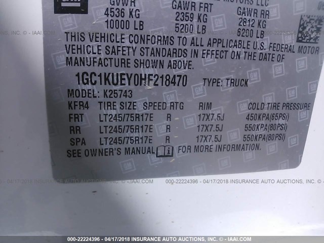 1GC1KUEY0HF218470 - 2017 CHEVROLET SILVERADO K2500 HEAVY DUTY WHITE photo 9