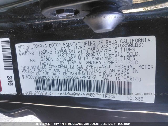 3TMJU62N98M057679 - 2008 TOYOTA TACOMA DOUBLE CAB PRERUNNER BLACK photo 9