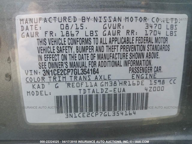 3N1CE2CP7GL354164 - 2016 NISSAN VERSA NOTE S/S PLUS/SV/SL/SR GRAY photo 9