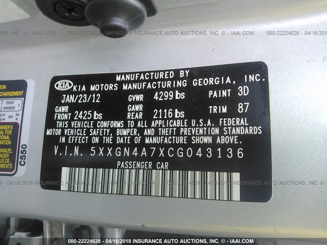 5XXGN4A7XCG043136 - 2012 KIA OPTIMA EX SILVER photo 9