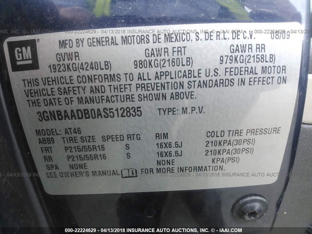 3GNBAADB0AS512835 - 2010 CHEVROLET HHR LS ლურჯი ფოტო 9