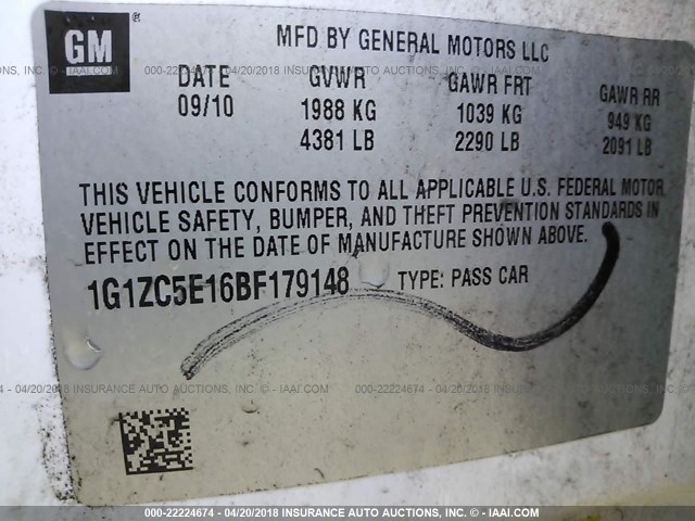 1G1ZC5E16BF179148 - 2011 CHEVROLET MALIBU 1LT 白色 照片 9