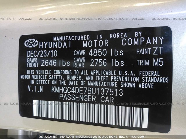 KMHGC4DE7BU137513 - 2011 HYUNDAI GENESIS 3.8L GOLD photo 9