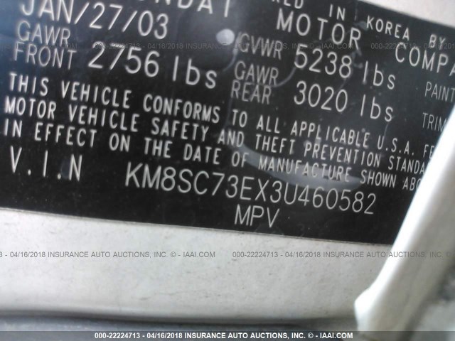 KM8SC73EX3U460582 - 2003 HYUNDAI SANTA FE GLS/LX WHITE photo 9