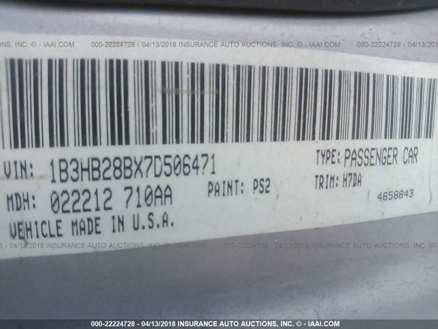 1B3HB28BX7D506471 - 2007 DODGE CALIBER SILVER photo 9