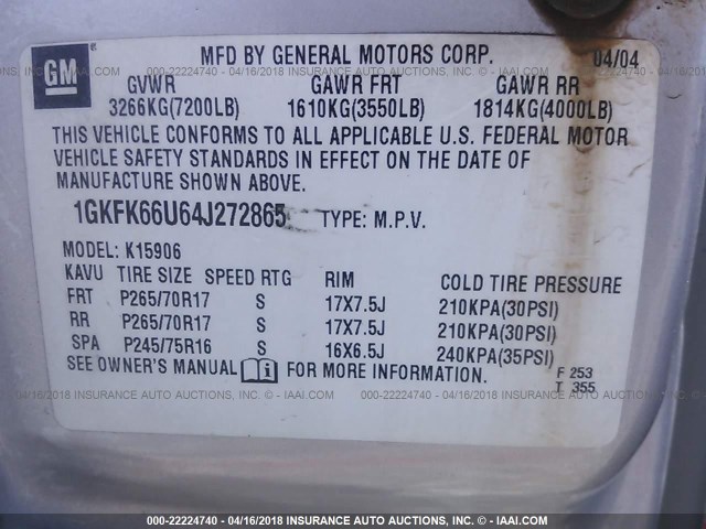 1GKFK66U64J27286 - 2004 GMC YUKON XL DENALI GRAY photo 9