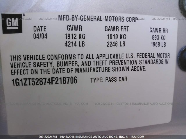 1G1ZT52874F218706 - 2004 CHEVROLET MALIBU LS 银色 照片 9