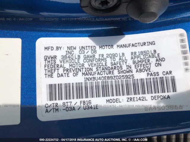 1NXBU40E89Z025925 - 2009 TOYOTA COROLLA S/LE/XLE BLUE photo 9