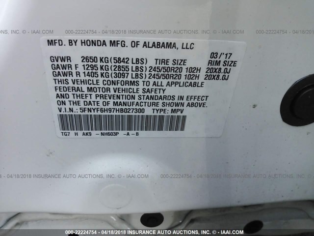 5FNYF6H97HB027300 - 2017 HONDA PILOT TOURING WHITE photo 9