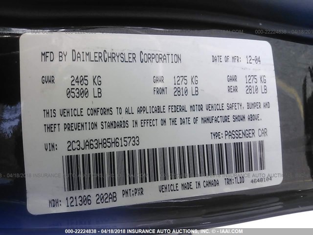 2C3JA63H85H615733 - 2005 CHRYSLER 300C BLACK photo 9