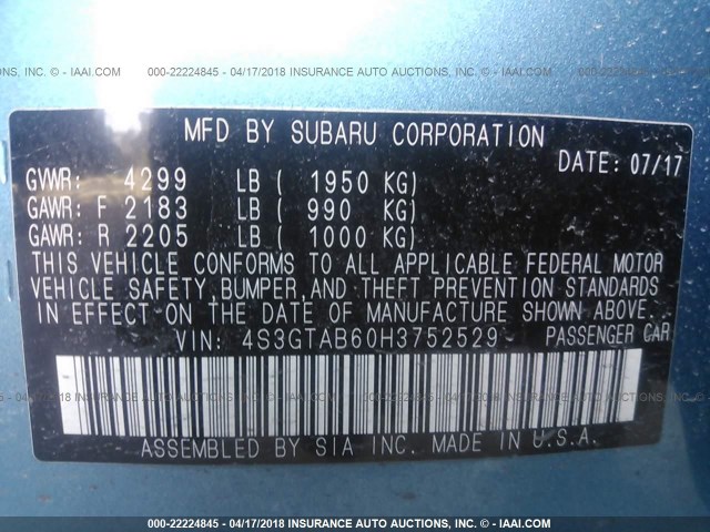 4S3GTAB60H3752529 - 2017 SUBARU IMPREZA PREMIUM BLUE photo 9