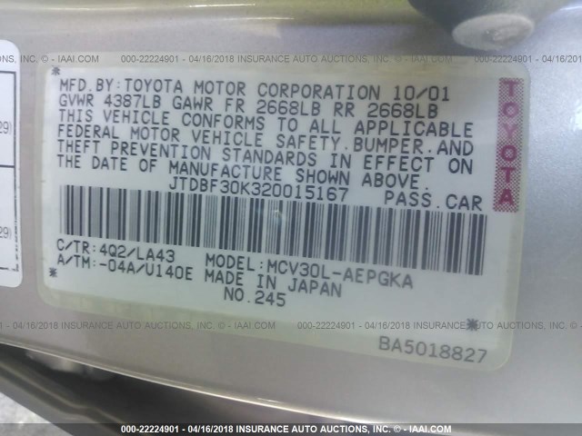 JTDBF30K320015167 - 2002 TOYOTA CAMRY LE/XLE/SE ოქროსფერი ფოტო 9